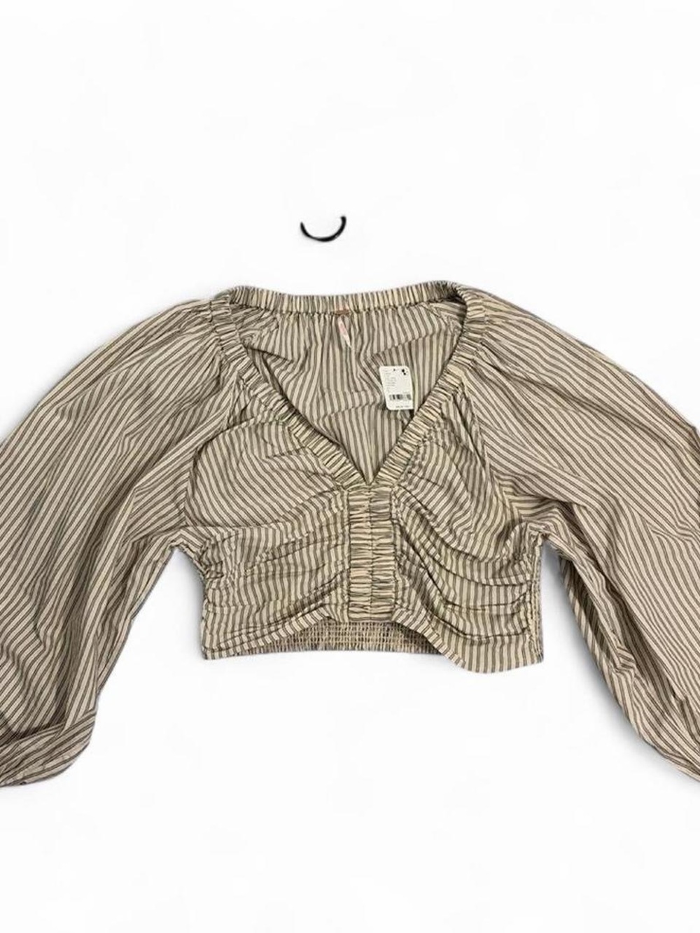 Anthropologie Beige & Cream Striped Ruched V-Neck Crop Top